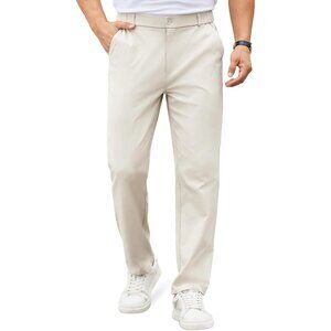 Coofandy Men Beige Elastic Waist Business Dress Pants with Pockets